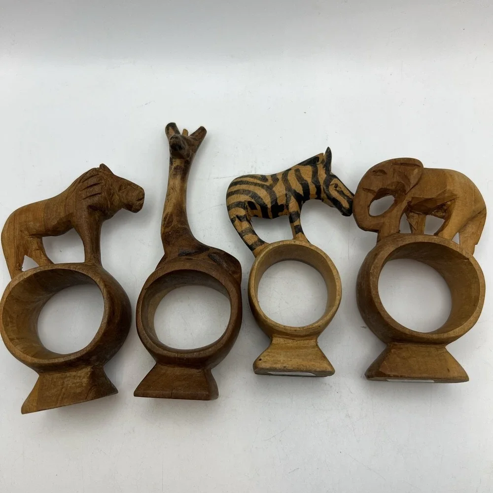Set of 4 Vintage Hand Carved African Safari Animal Wooden Napkin Rings Footed